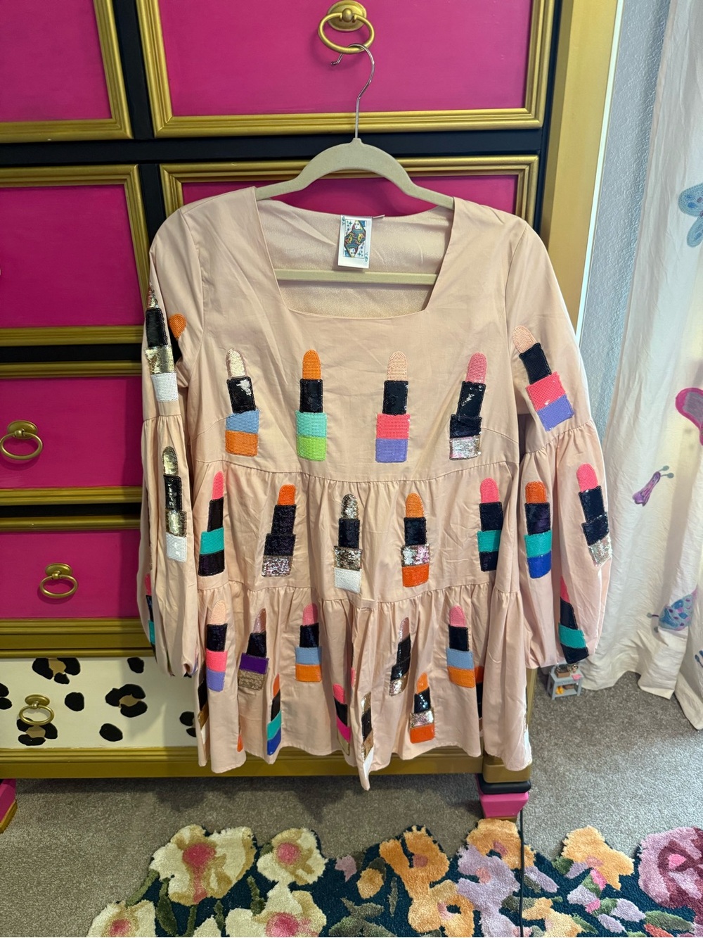 QUEEN OF SPARKLES Pink Embroidered Lipstick Tiered Mini Dress